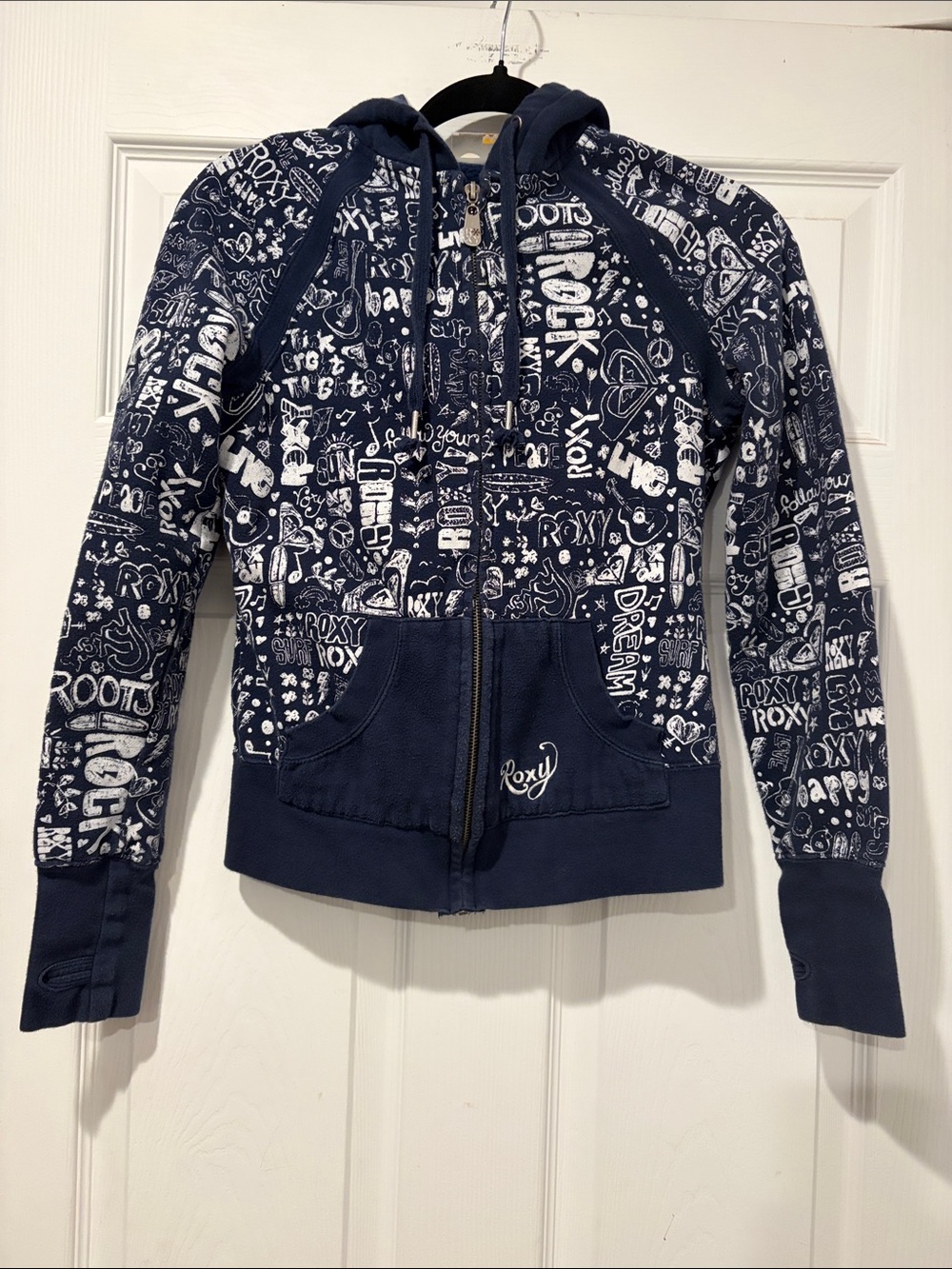 Roxy Navy and White Graphic Zip-Up Bomber Hoodie y2k